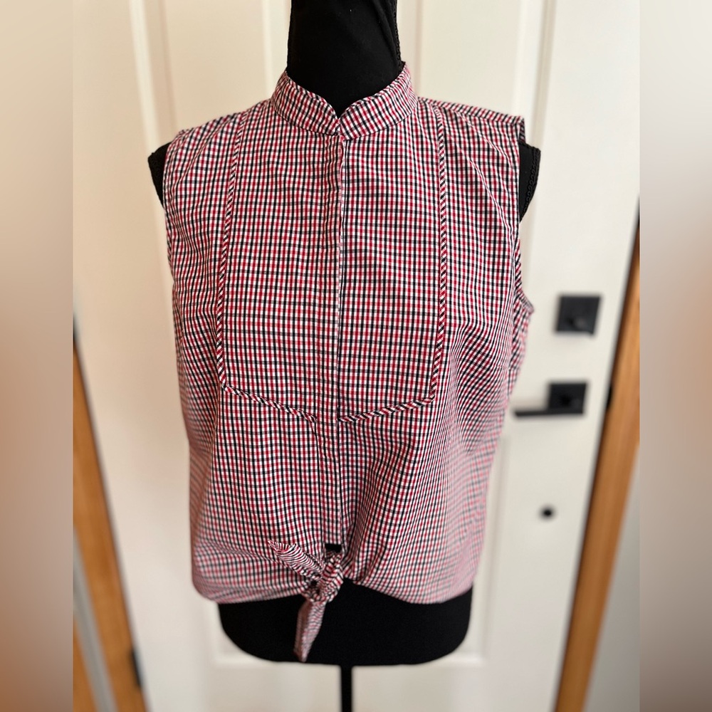 Women’s Brooks Brothers cotton red white blue plaid button sleeveless crop top.8